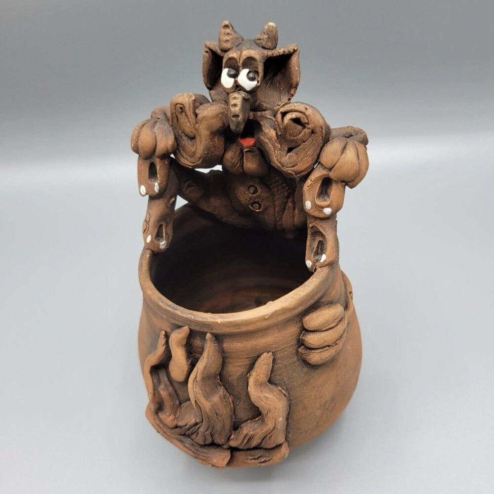 Vintage Handcrafted Clay Goblin Devil Pot Tea Light Holder Sculpted Design